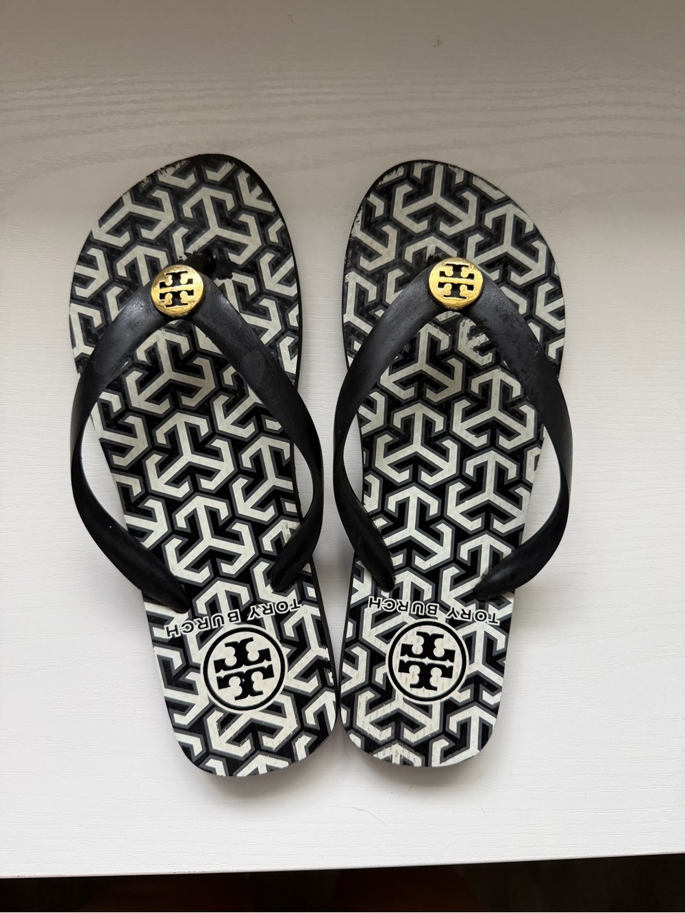 Tory Burch Black and White Geometric Logo Flip Flops